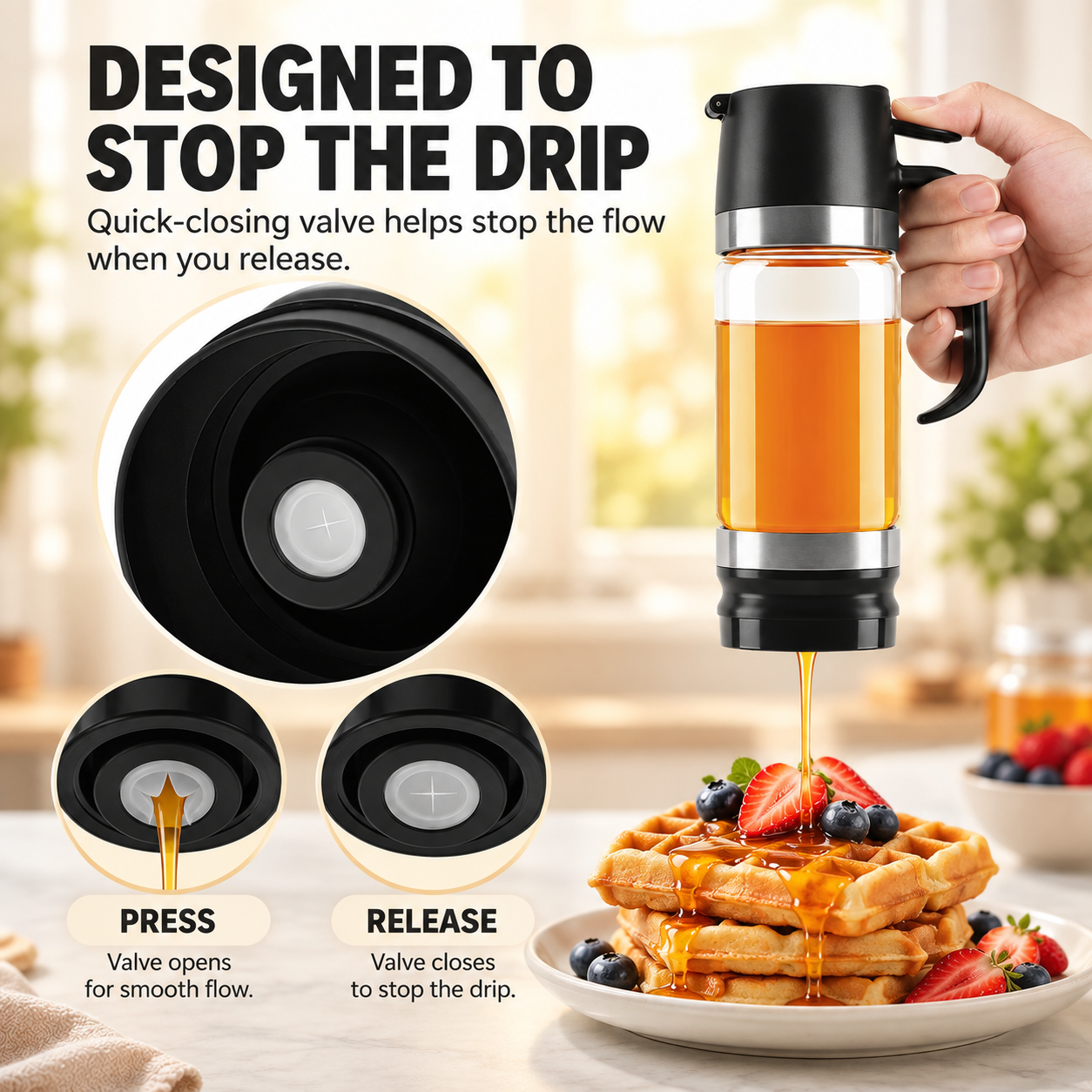 🍯 12oz No-Drip Honey & Syrup Dispenser – Press-to-Pour Glass Jar with Handle
