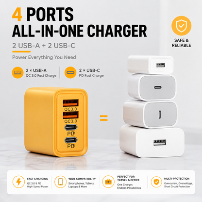 ⚡ 2-Pack USB-C & USB-A 4-Port Fast Charger + 5FT 4-in-1 Cable