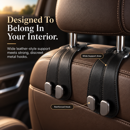 2PCS Premium Car Headrest Hooks – Leather Bag & Purse Organizer