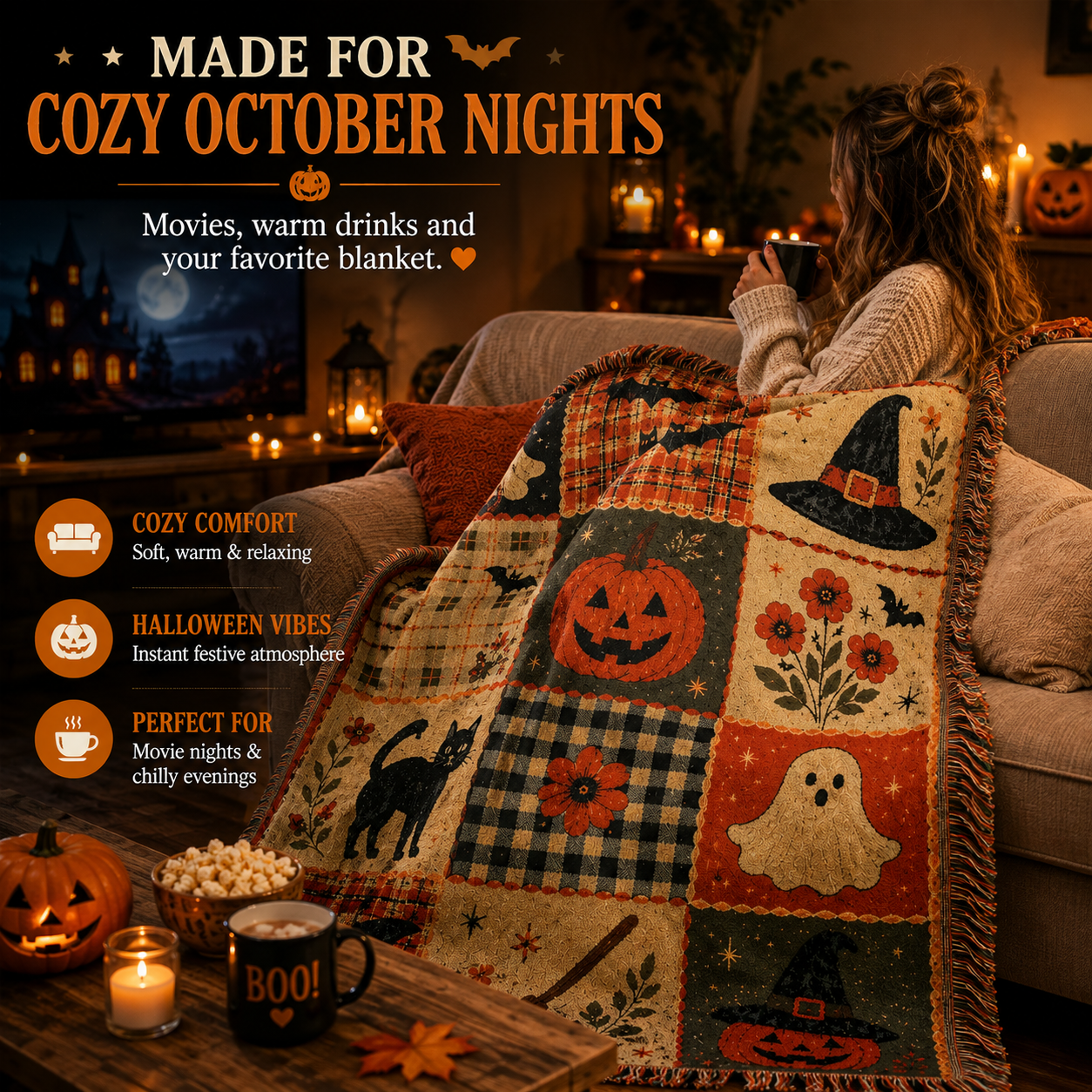 🎃 Vintage Halloween Patchwork Throw Blanket – Cozy Fall Home Decor