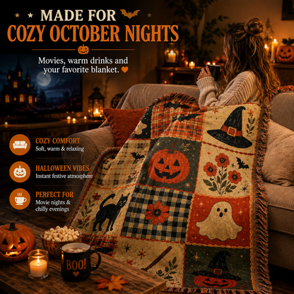 🎃 Vintage Halloween Patchwork Throw Blanket – Cozy Fall Home Decor