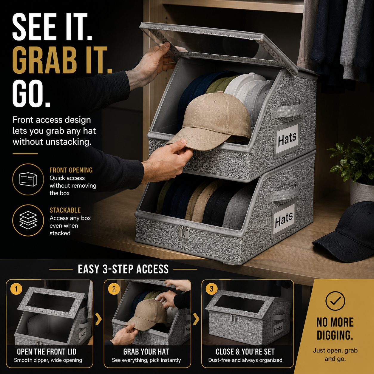 🧢 24+ Cap Stackable Hat Storage Boxes – 2-Pack