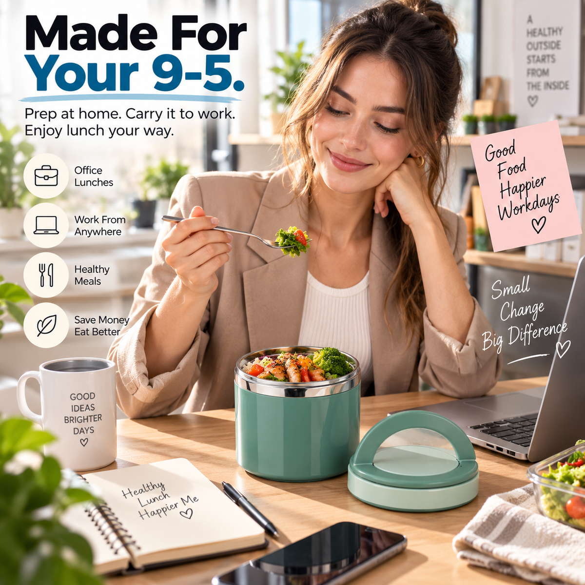 🥗 630ML Portable Stainless Steel Lunch Container with Carry Handle