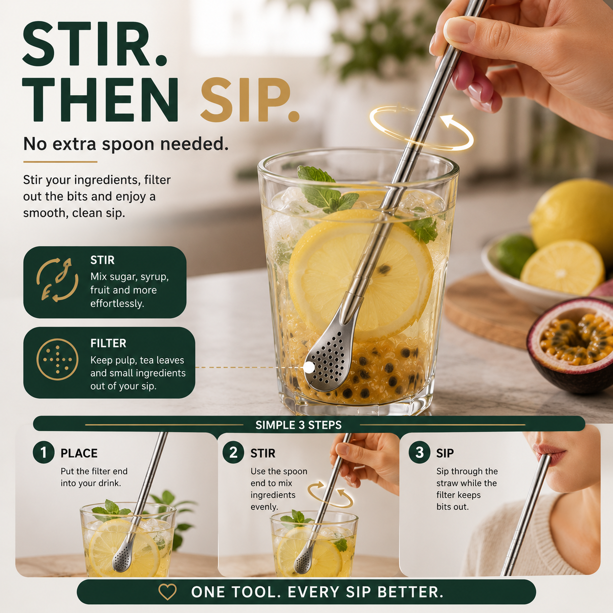 🥤 2-in-1 Stainless Steel Filter Straw – Sip, Stir & Filter With Ease