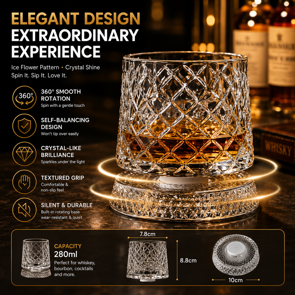 360° Rotating Crystal Glass Cup – The Fun Drinkware That Won’t Tip Over