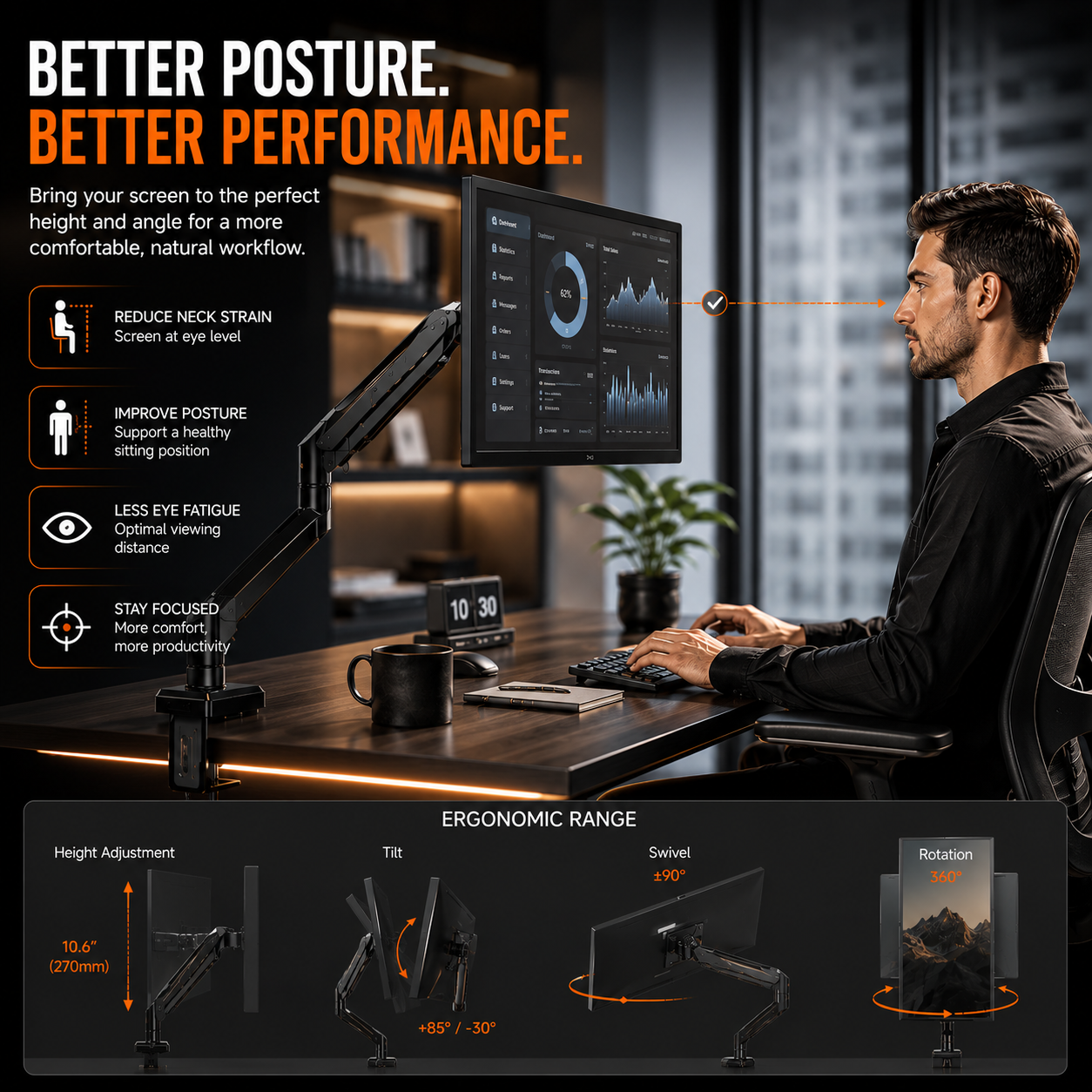 💻 Heavy-Duty Gas Spring Monitor Arm – Adjustable 13"–34" Desk Mount