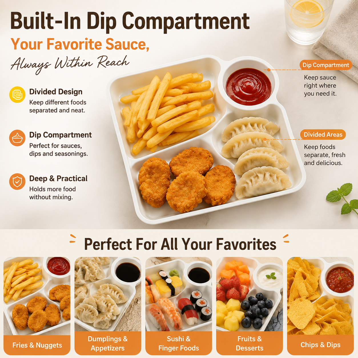 🍟 4PCS Snack Plate With Dip Compartment – Upgrade Your Snack Time With Easy Dipping & Better Sharing