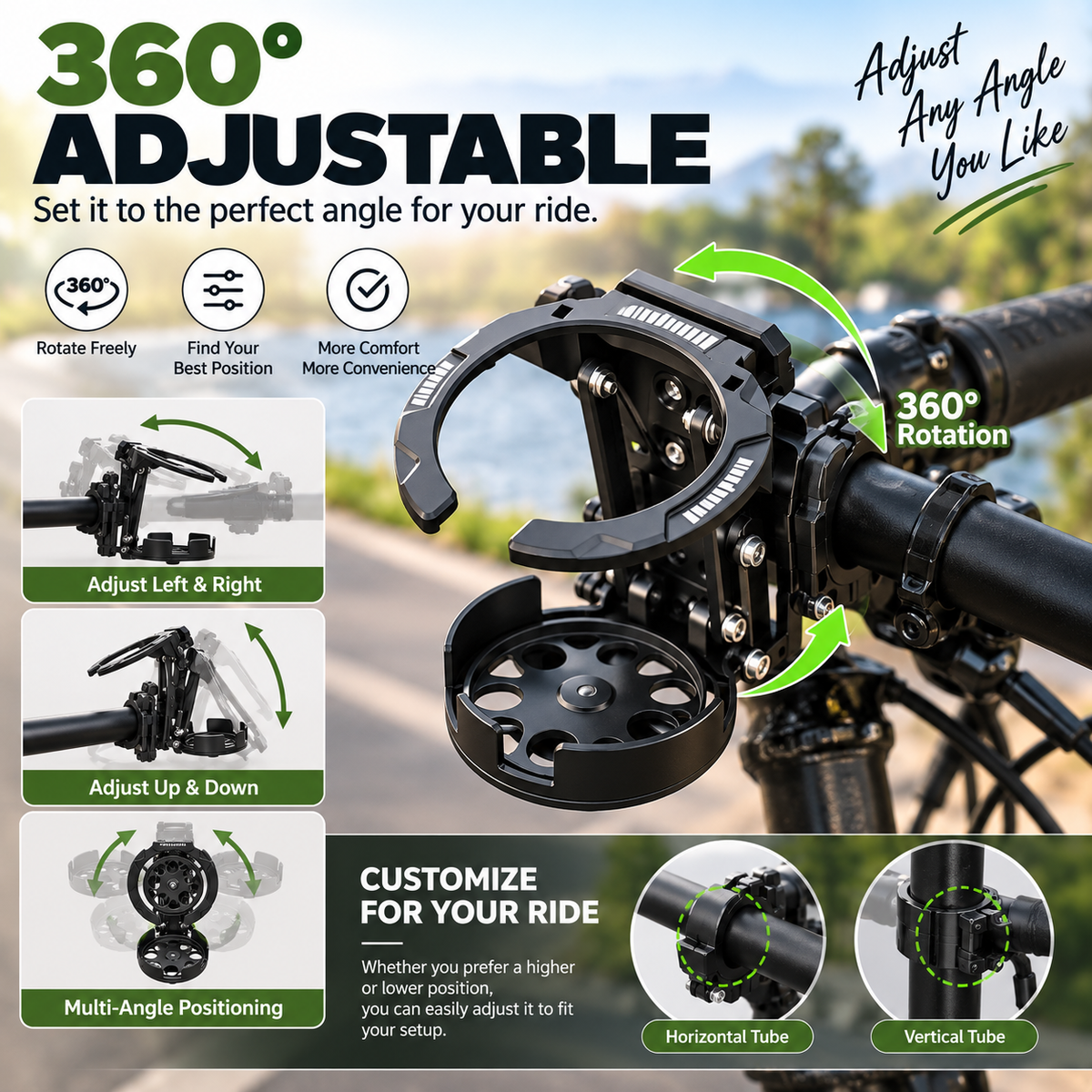 🚴 Foldable 360° Rotating Bike Cup Holder – Adjustable Space-Saving Drink Mount