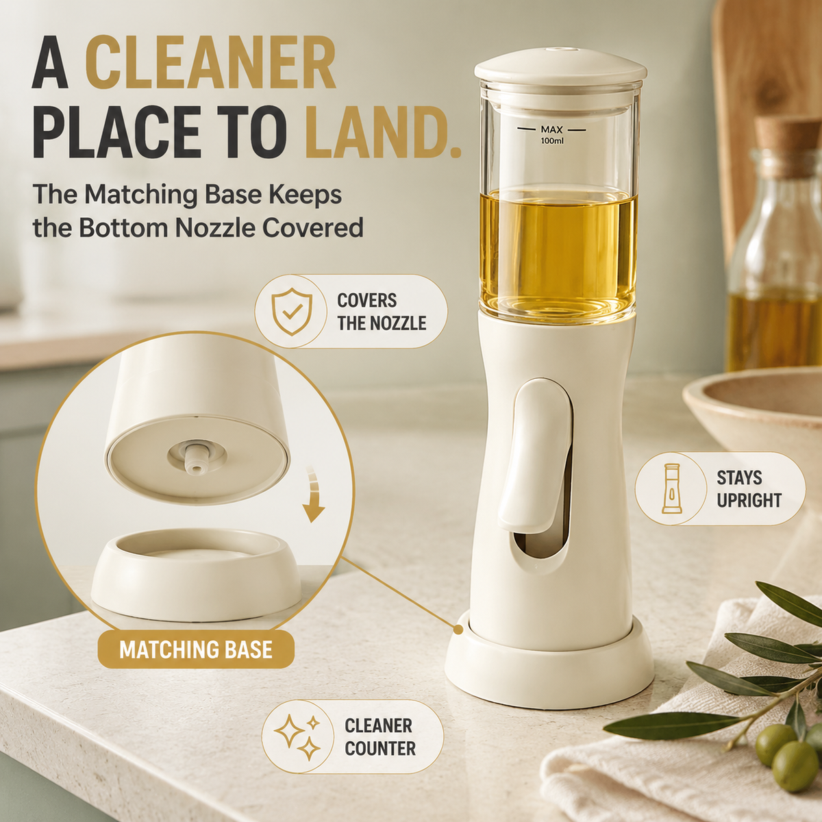 ✨ 100ml Bottom-Spray Cooking Oil Mister – One-Hand Precision Oil Sprayer with Protective Base