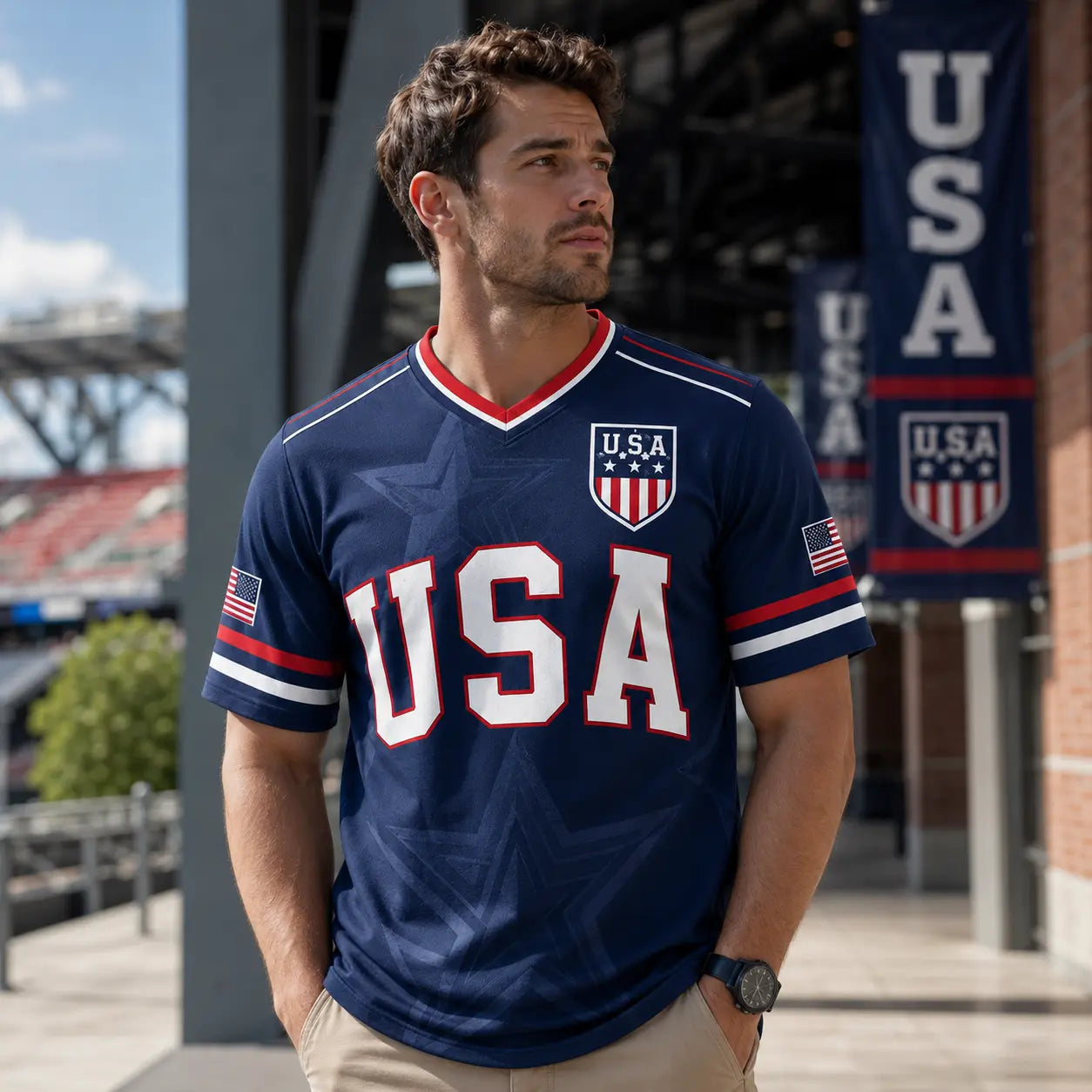 USA Soccer Jersey Men Women Navy Patriotic American Flag Football Shirt Statue of Liberty Graphic V Neck Sports Tee Red White Blue Stars Stripes Short Sleeve Athletic Top 4th of July Independence Day Fan ApparelUSA Soccer Jersey Men Women Navy Patriotic A