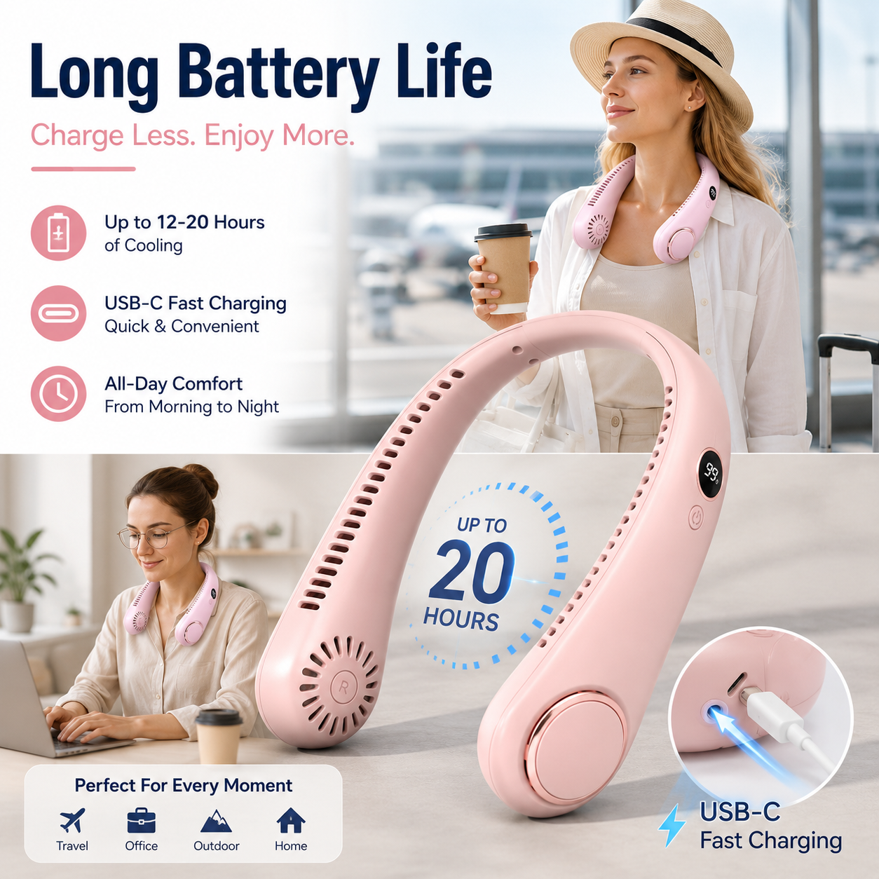 ❄️ Bladeless Neck Fan – Hands-Free Turbo Cooling with LED Display