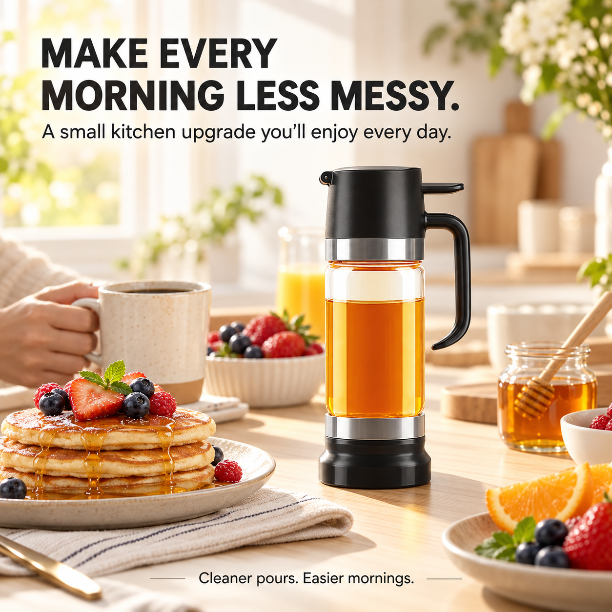 🍯 12oz No-Drip Honey & Syrup Dispenser – Press-to-Pour Glass Jar with Handle