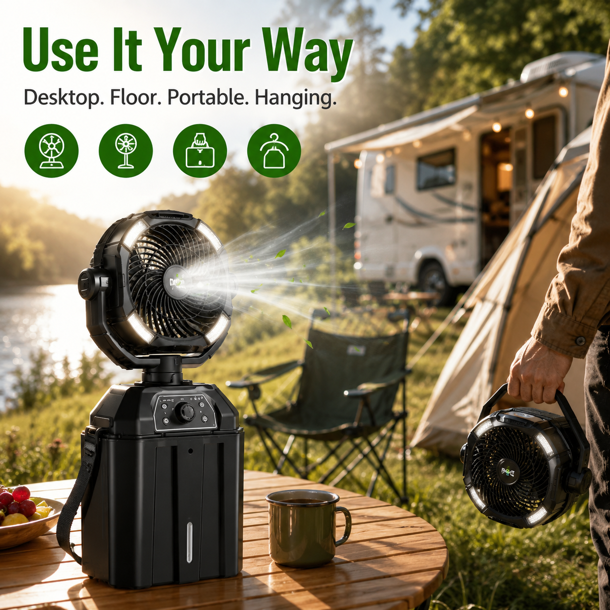 ❄️ 4-in-1 Rechargeable Misting Fan with LED Light & Emergency Power Bank
