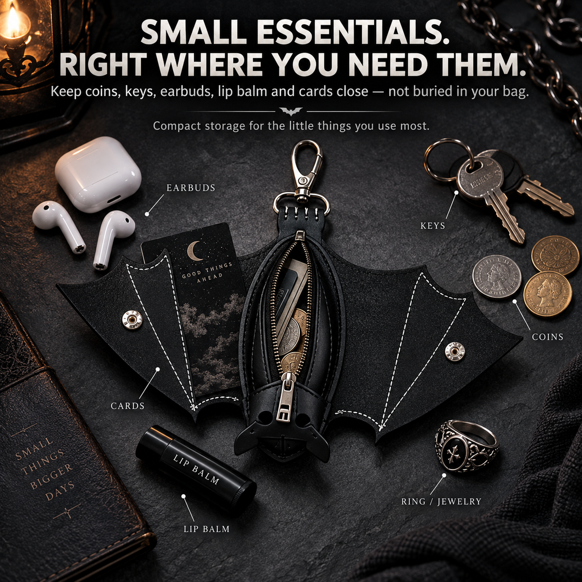 🦇 Bat-Shaped Gothic Mini Wallet – Clip-On Punk Accessory for Bags, Belts & Festival Outfits
