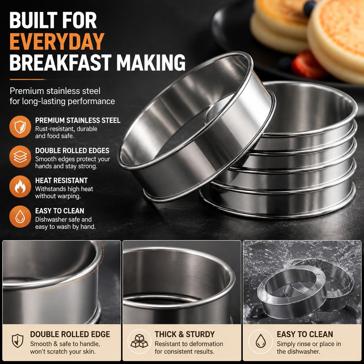 🥞 Café-Style Breakfast Ring Molds – Stainless Steel English Muffin, Pancake & Egg Rings