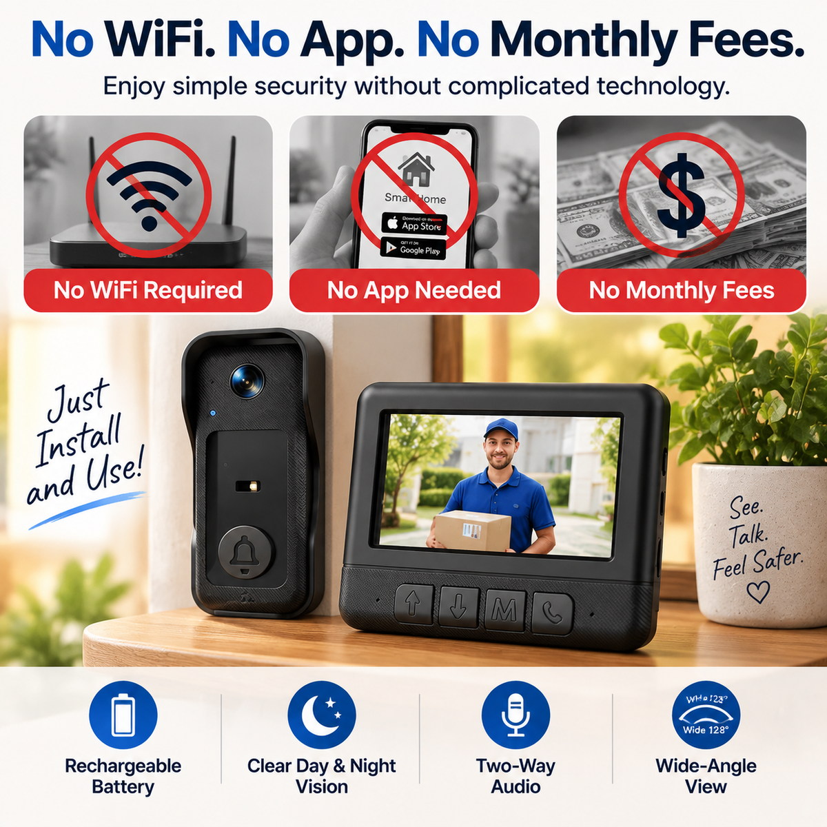 🚪 Wireless Video Doorbell Camera With Indoor Screen – See Who’s At Your Door Before Opening It