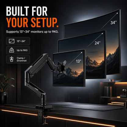 💻 Heavy-Duty Gas Spring Monitor Arm – Adjustable 13"–34" Desk Mount