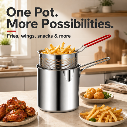 🍟 Personal Mini Deep Fryer Set – Stainless Steel Pot with Lift-Out Draining Basket & Food Tongs