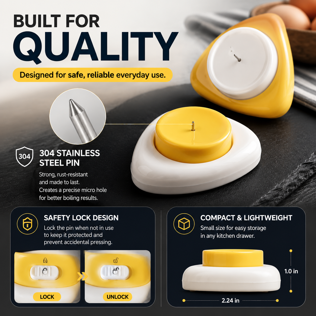 🥚 2PCS Egg Piercer for Perfect Boiled Eggs – Easy Peel Egg Tool with Safety Lock & 304 Stainless Steel Pin