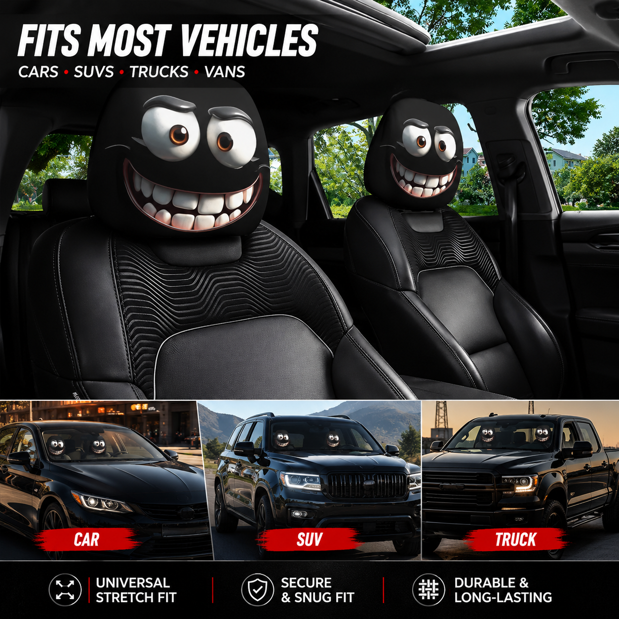 👁️ Funny Horror Car Headrest Covers (2PCS) | Universal Stretch Fit Car Seat Decor