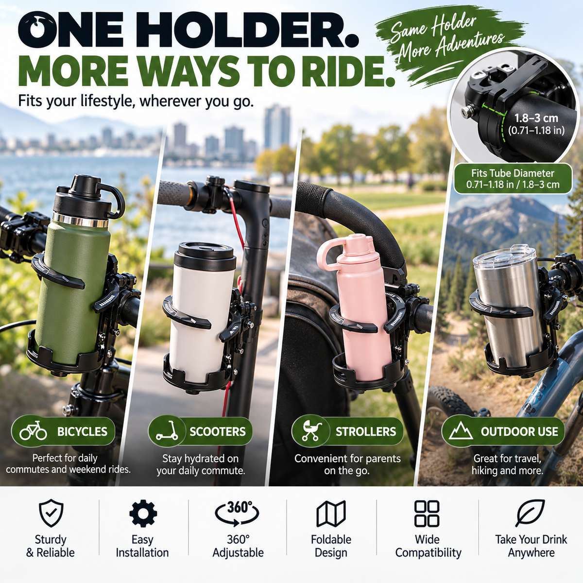 🚴 Foldable 360° Rotating Bike Cup Holder – Adjustable Space-Saving Drink Mount