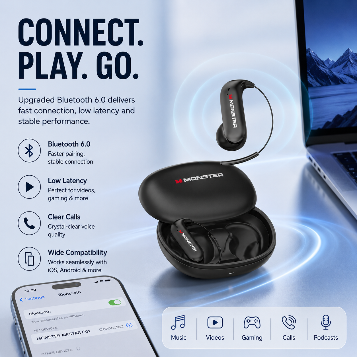 🎧 Ultra-Light Ear-Hook Wireless Earbuds – Secure Fit, Hi-Fi Sound & Long Battery Life