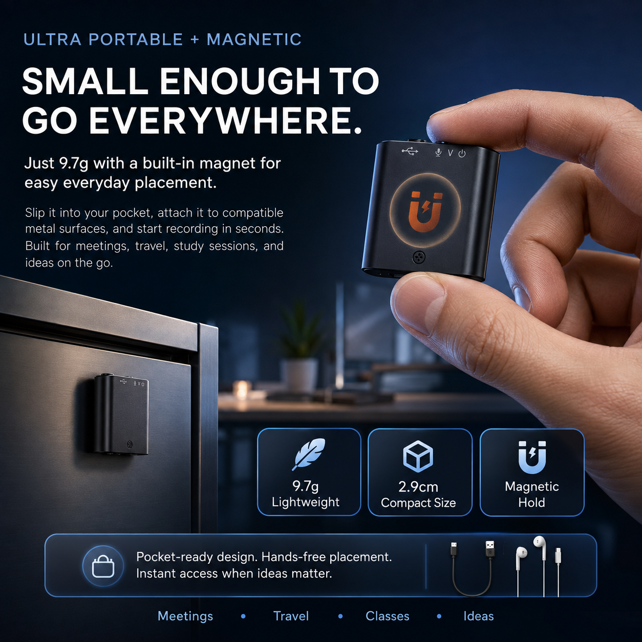 Mini Magnetic Voice Recorder – One-Touch Recording, AI Noise Reduction & OTG Transfer