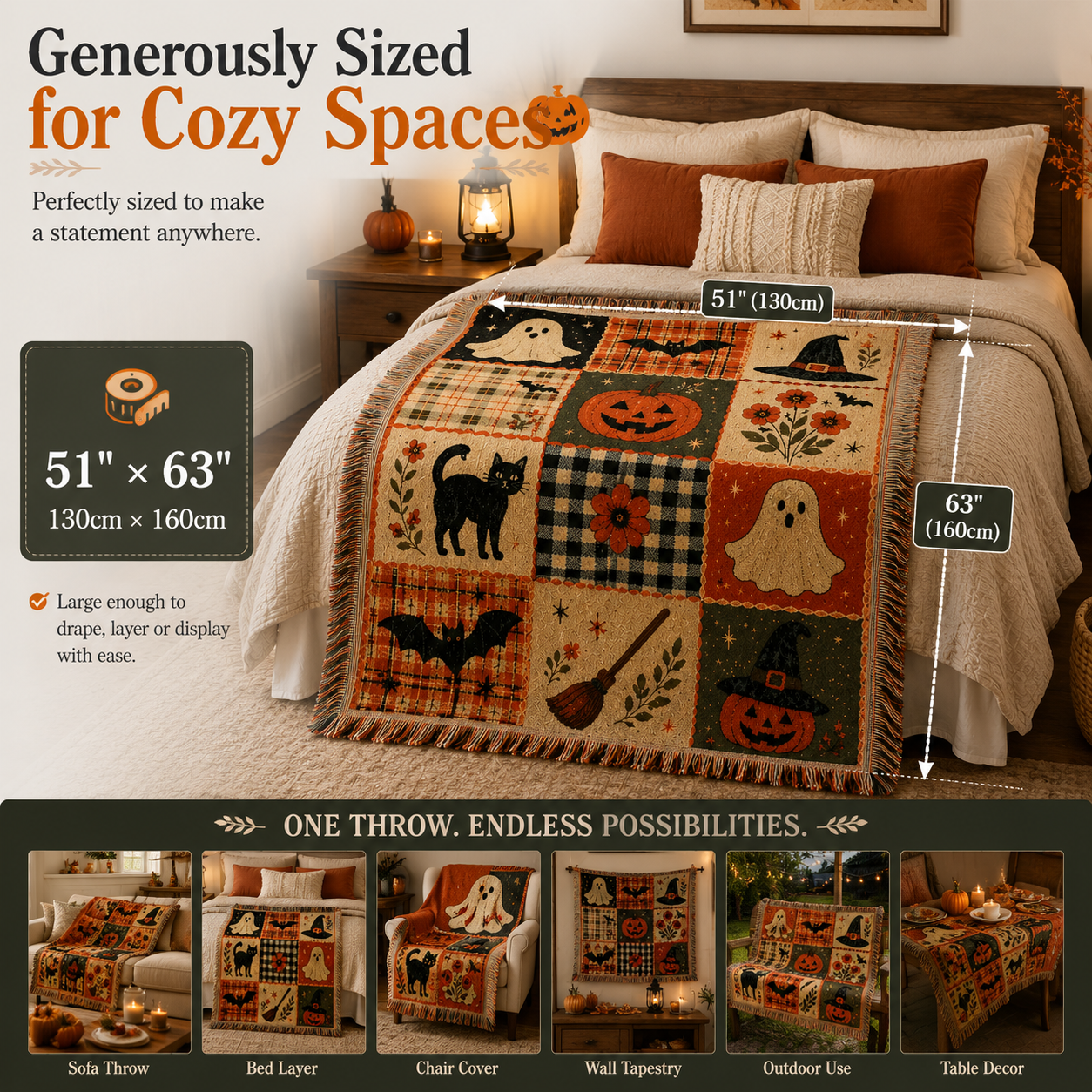 🎃 Vintage Halloween Patchwork Throw Blanket – Cozy Fall Home Decor
