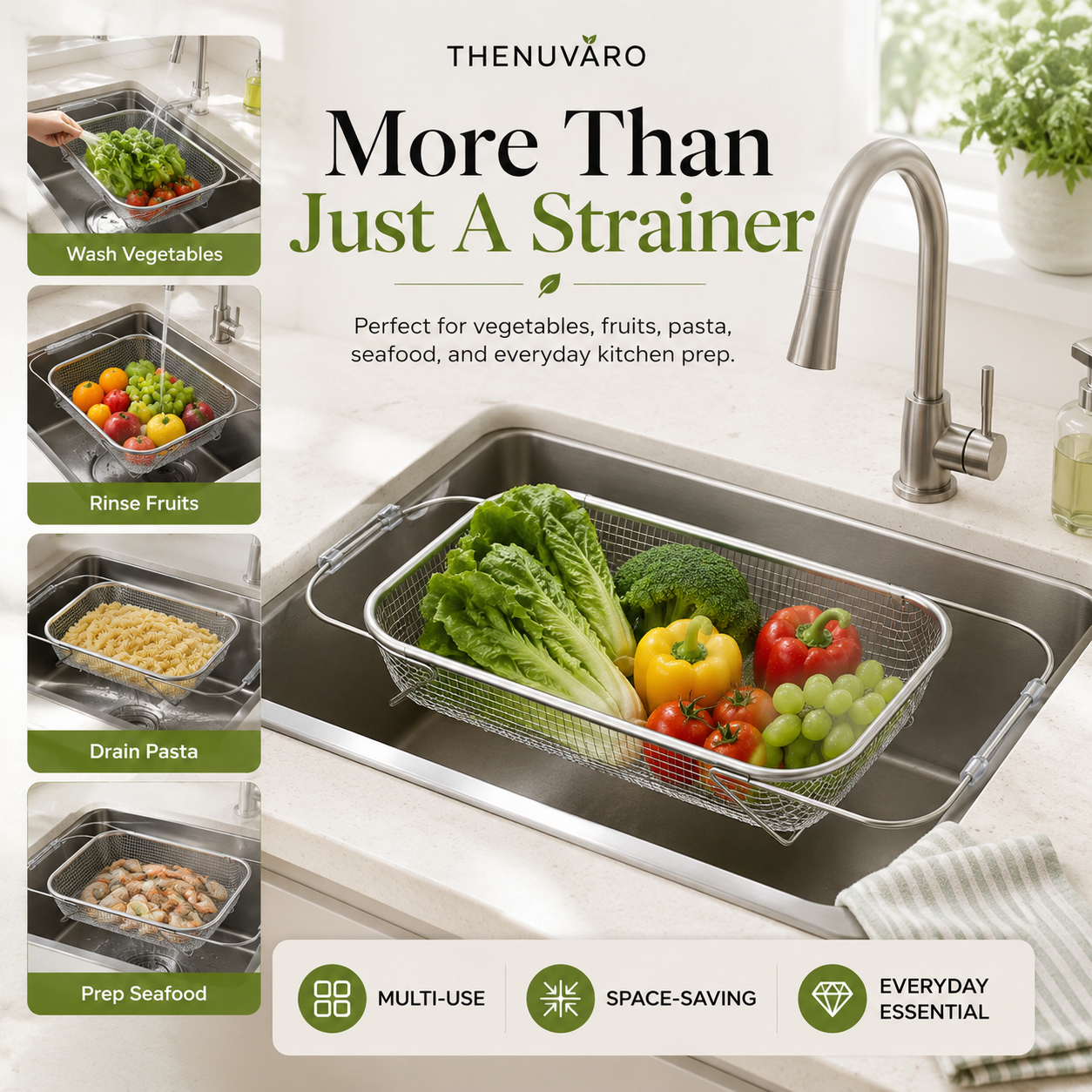 🥬 304 Food-Grade Stainless Steel Expandable Sink Colander