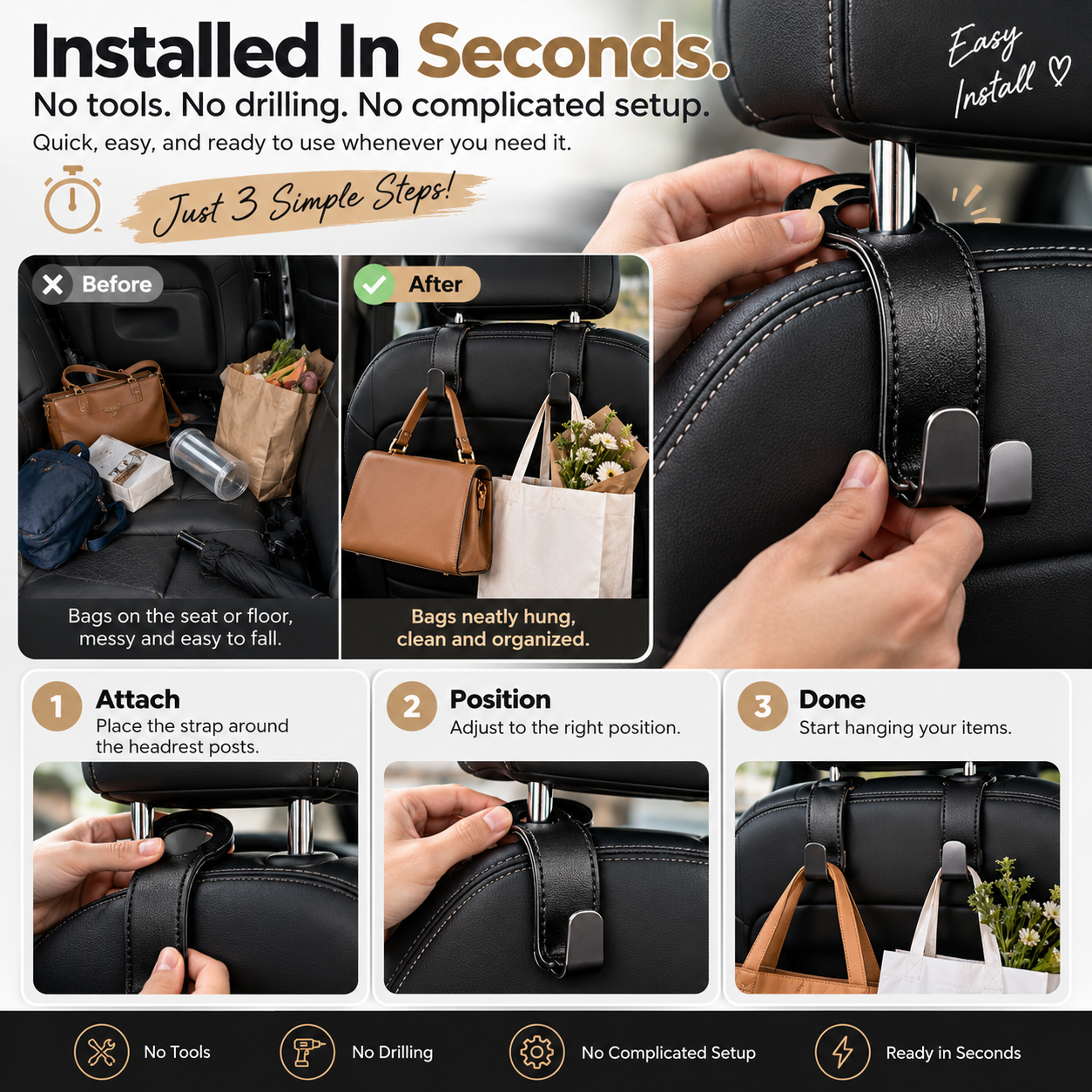 2PCS Premium Car Headrest Hooks – Leather Bag & Purse Organizer