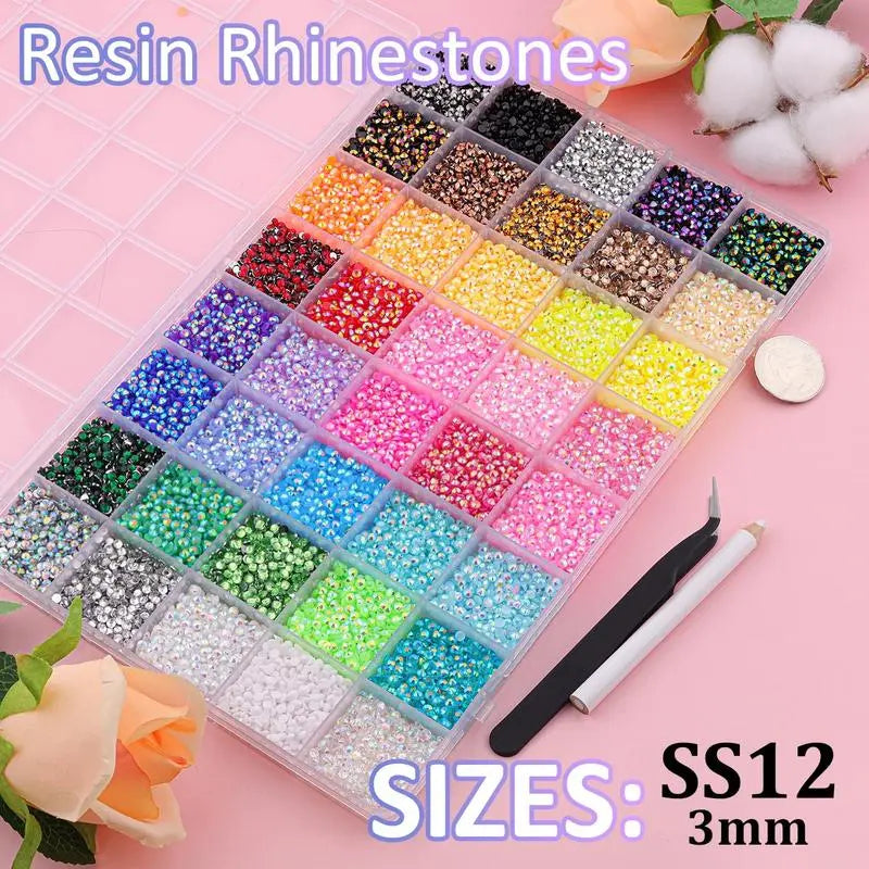 VIBRANT GEMS 32000Pcs Resin Rhinestones with Tweezers for Crafting Mixed-Color 3mm Bedazzling Crystal with Gifted Tools Jewelry