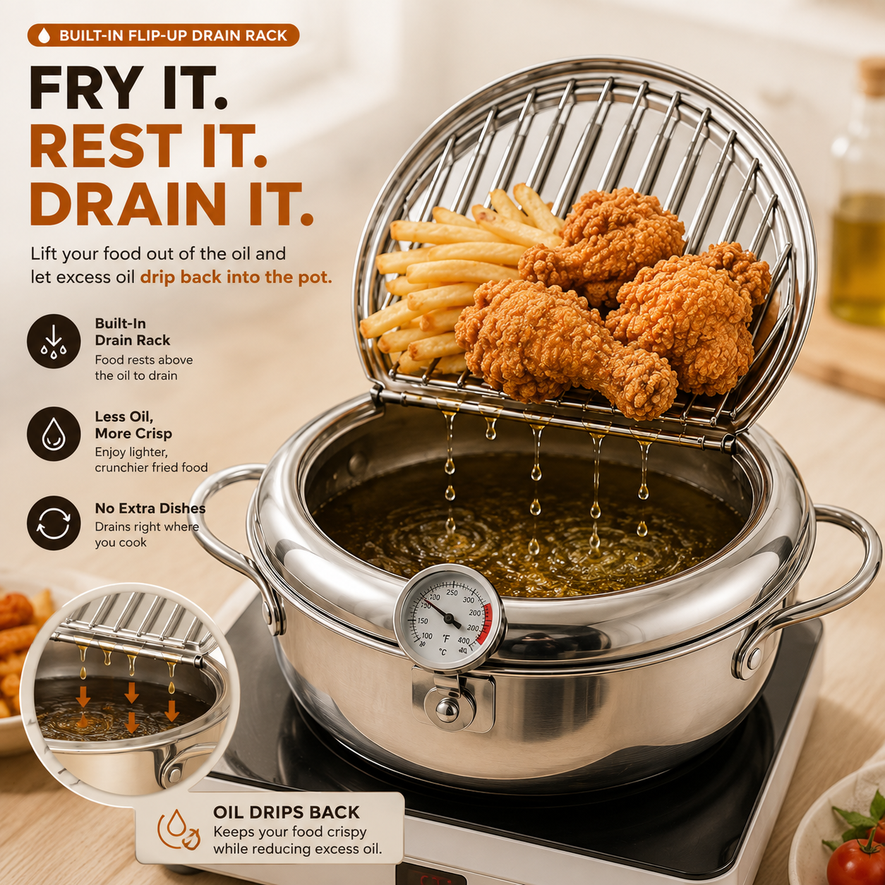 🍗 All-in-One Frying Pot with Thermometer & Drain Lid – Fry, Drain & Cook with Less Hassle