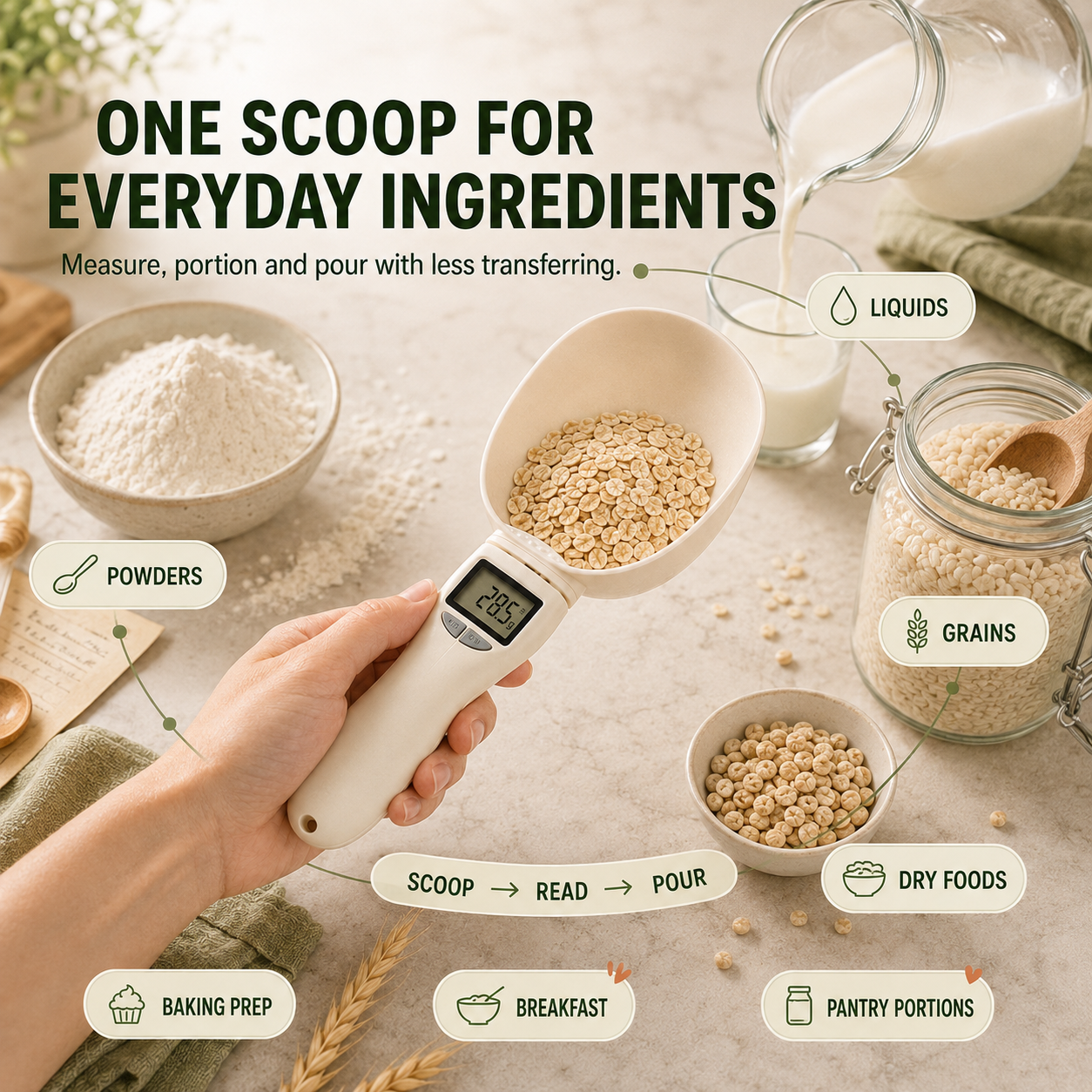 ⚡ 50% OFF Digital Kitchen Scoop Scale – Scoop, Weigh & Pour 🥄