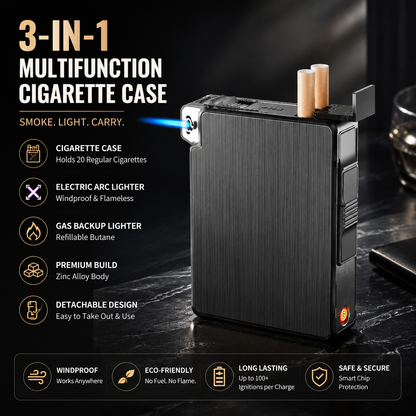 3-in-1 Multifunctional Cigarette Case | Windproof Electric & Gas Lighter EDC