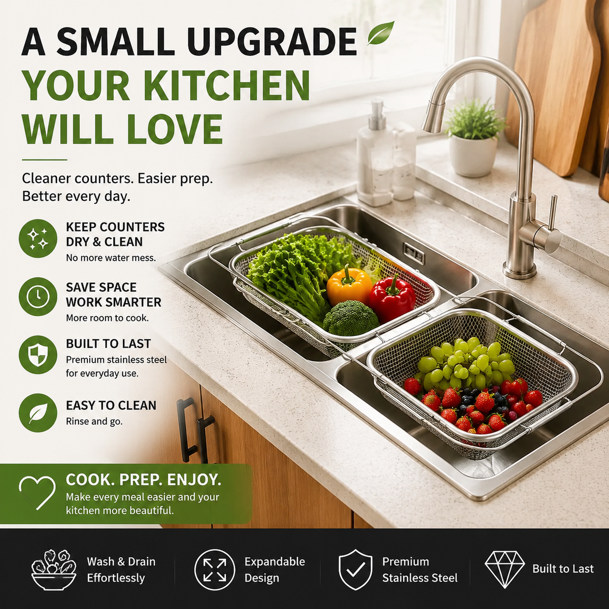 🥗 Expandable Over-The-Sink Colander Basket | Stainless Steel Kitchen Prep Station for Easy Washing, Draining & Space Saving