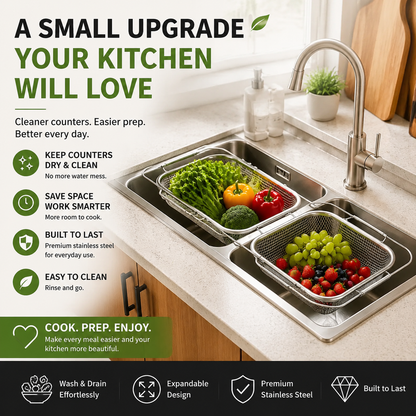 🥗 Expandable Over-The-Sink Colander Basket | Stainless Steel Kitchen Prep Station for Easy Washing, Draining & Space Saving