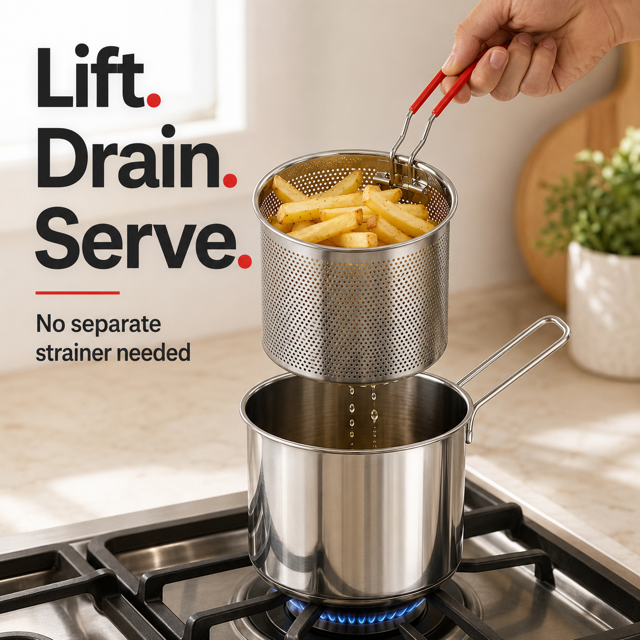 🍟 Personal Mini Deep Fryer Set – Stainless Steel Pot with Lift-Out Draining Basket & Food Tongs
