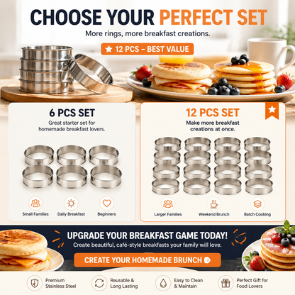 🥞 Café-Style Breakfast Ring Molds – Stainless Steel English Muffin, Pancake & Egg Rings