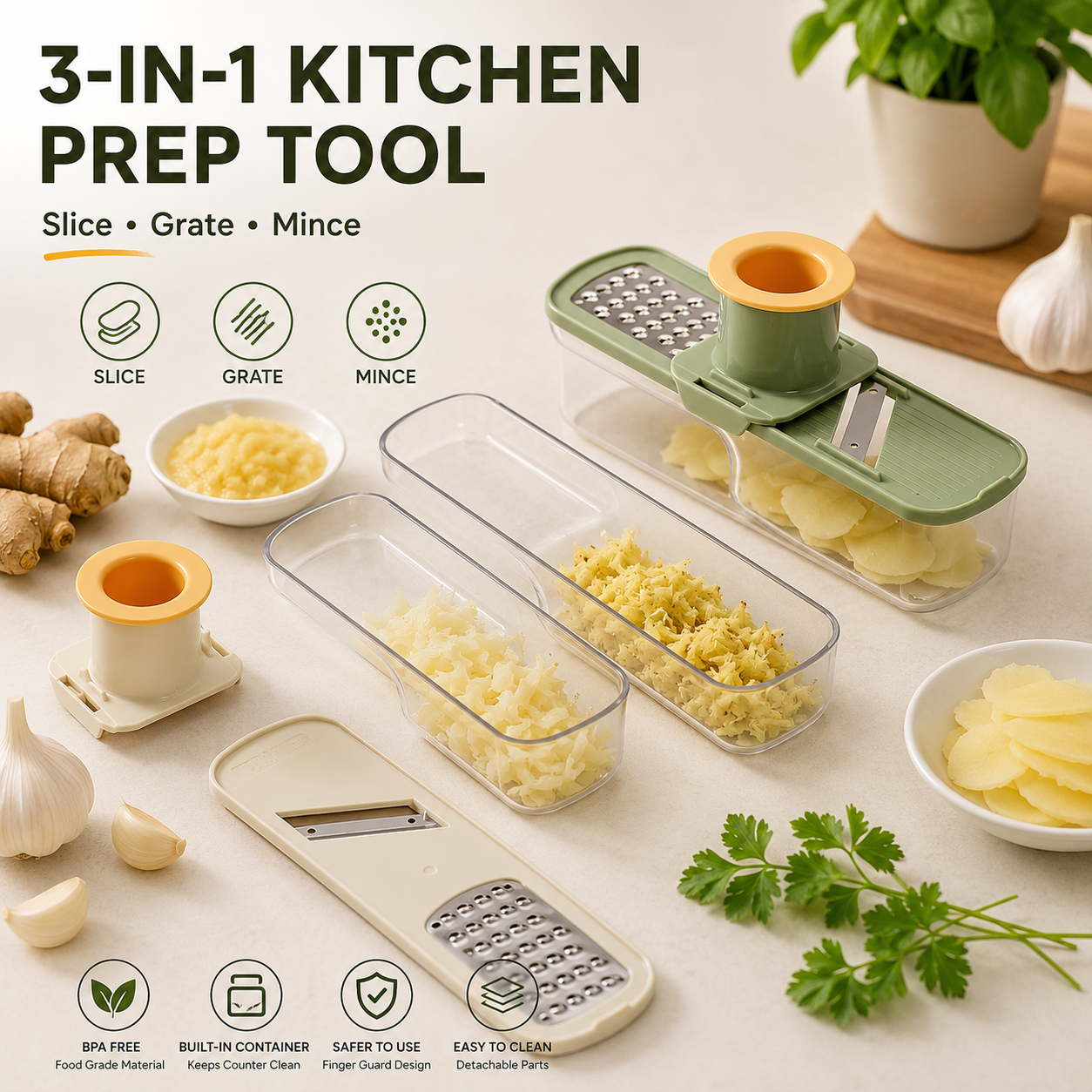 🧄3-in-1 Kitchen Prep Tool – Slice, Grate & Mince in Seconds