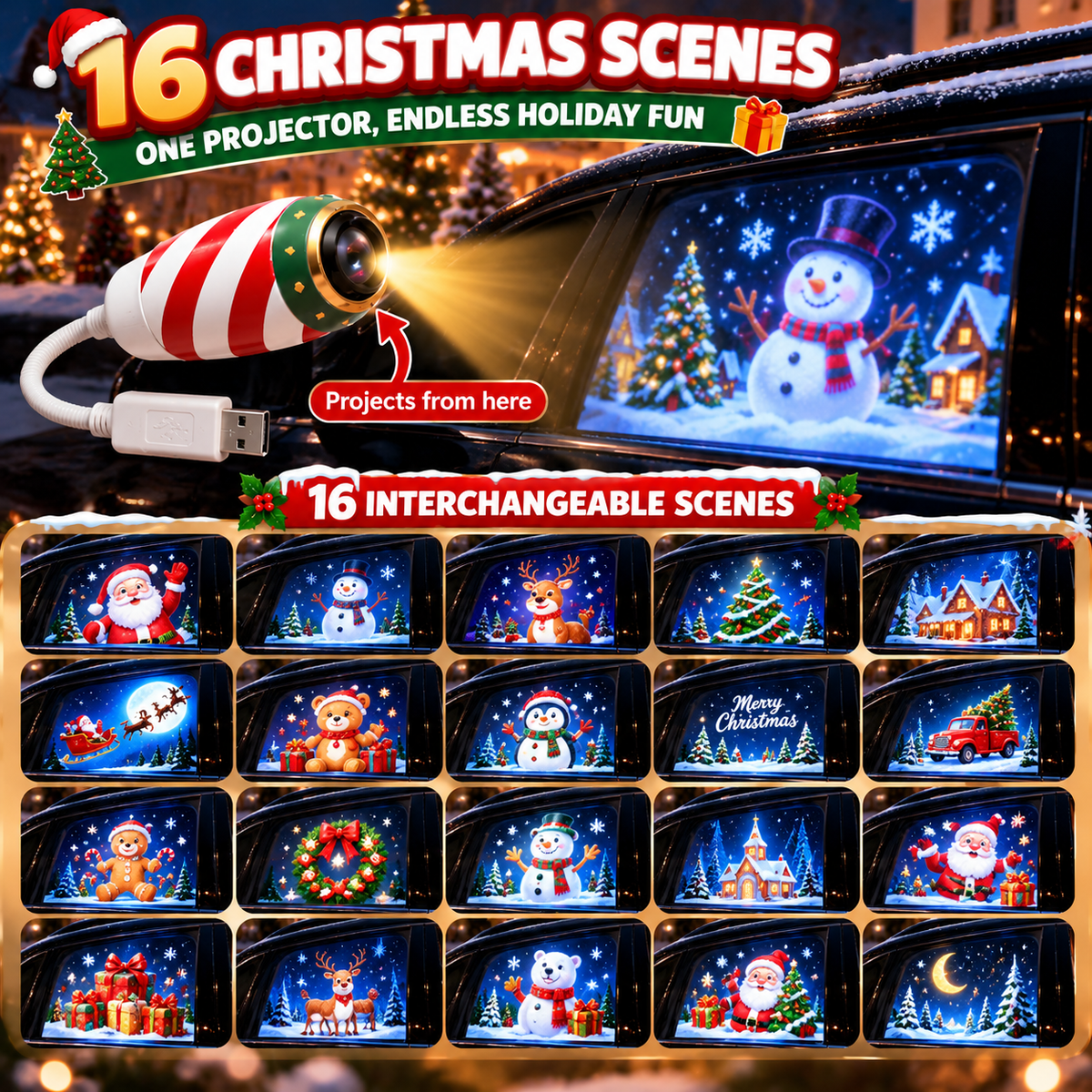 🎄 16-Scene Christmas Car Window Projector — 1 Projector + 16 Interchangeable Slides