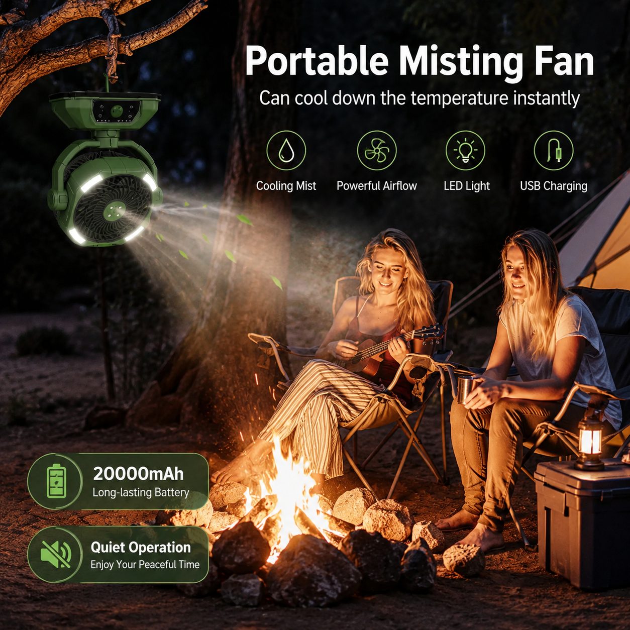 ❄️ 4-in-1 Rechargeable Misting Fan with LED Light & Emergency Power Bank
