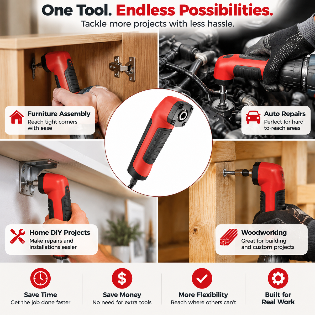 🔧 90° Right Angle Drill Adapter – Reach Tight Spaces Your Drill Can’t