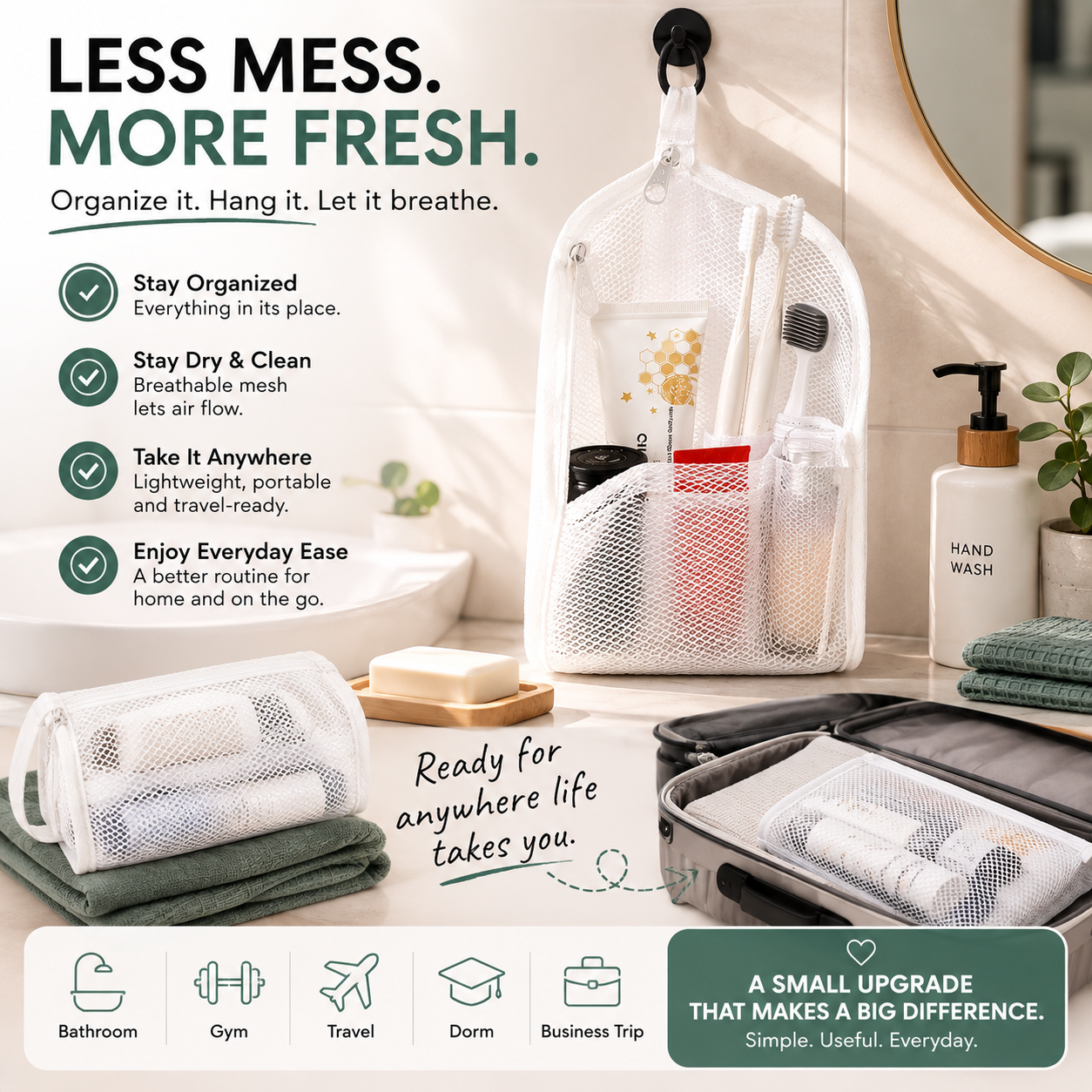 🧼 2-Pack Portable Quick-Dry Mesh Toiletry Bags – Hanging Travel Organizers with Toothbrush Slots