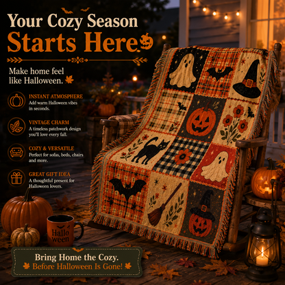 🎃 Vintage Halloween Patchwork Throw Blanket – Cozy Fall Home Decor