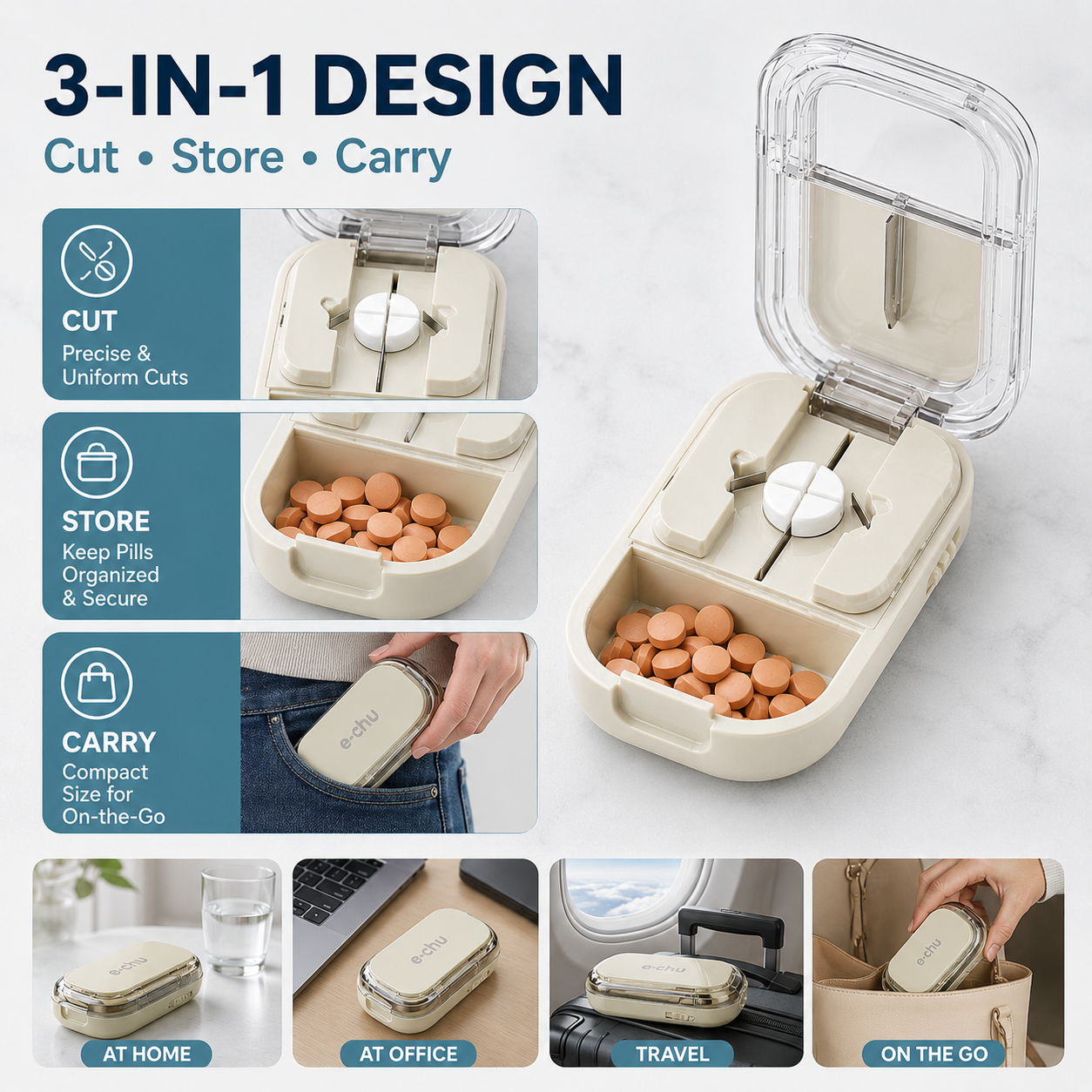 💊 Precision 3-in-1 Pill Cutter & Organizer | Perfect 1/2, 1/3 & 1/4 Doses