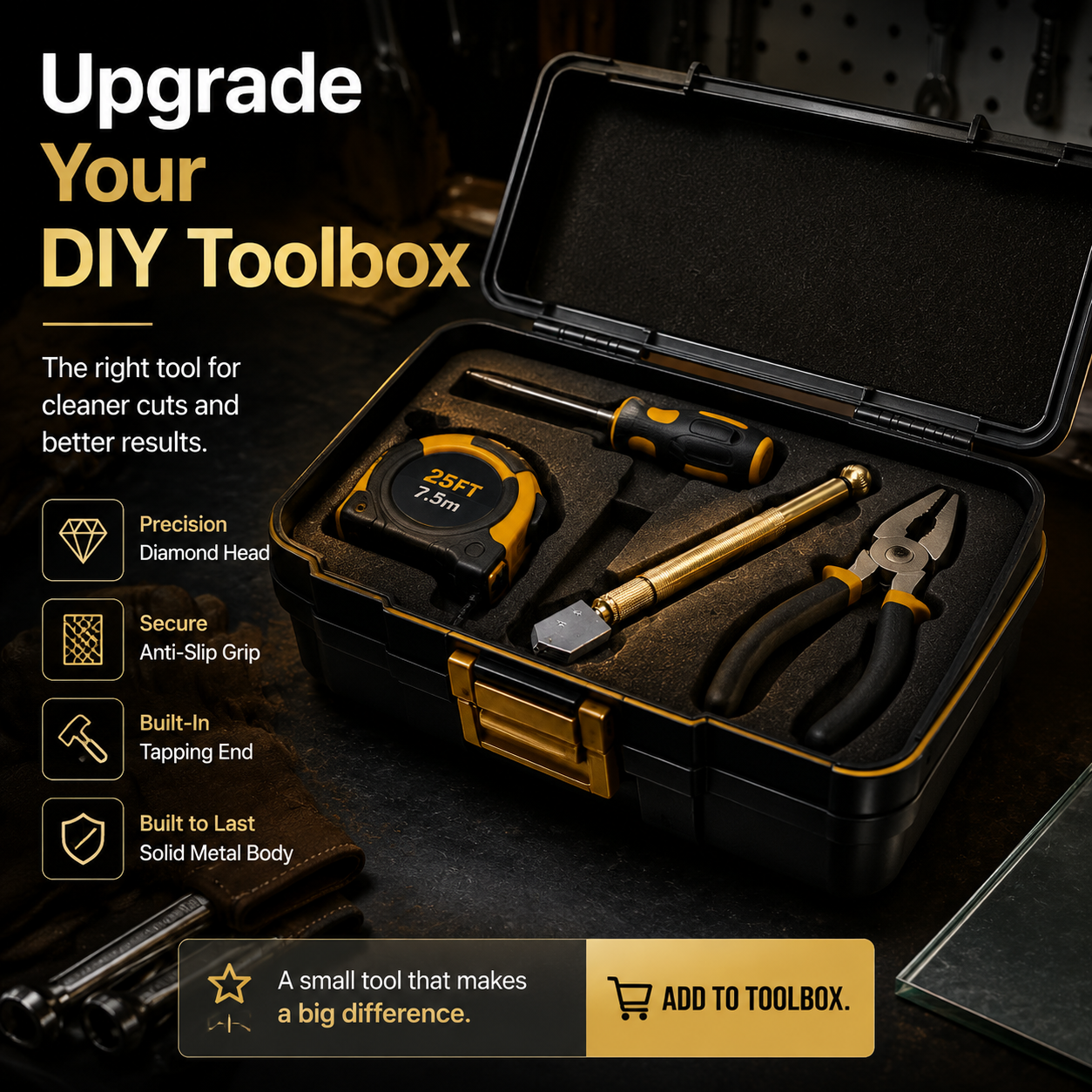 Precision glass cutter inside DIY toolbox