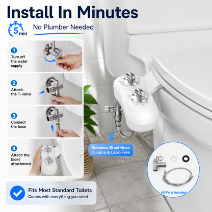 Non-Electric Bidet Attachment for Toilet – Dual Nozzle Front & Rear Wash, Adjustable Water Pressure, Eco-Friendly Toilet Seat Adapter for Personal Hygiene, Reduce Toilet Paper Use