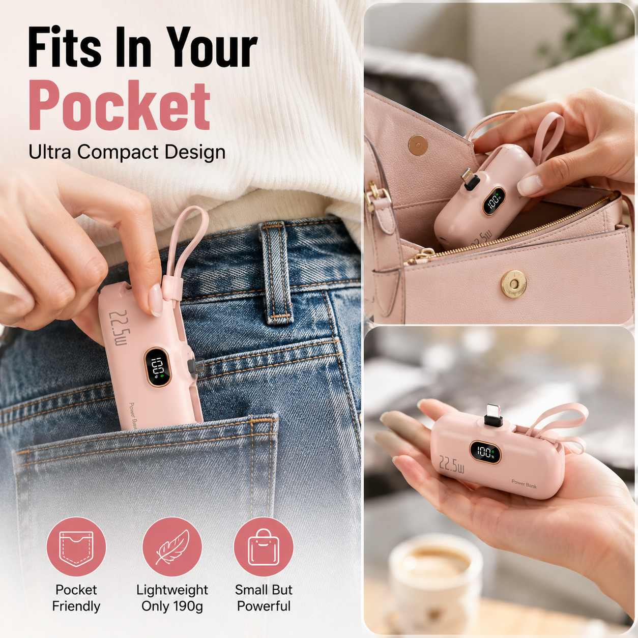 🔋 Pocket Power Bank With Built-In Cable – 22.5W Fast Charging