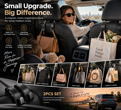 2PCS Premium Car Headrest Hooks – Leather Bag & Purse Organizer