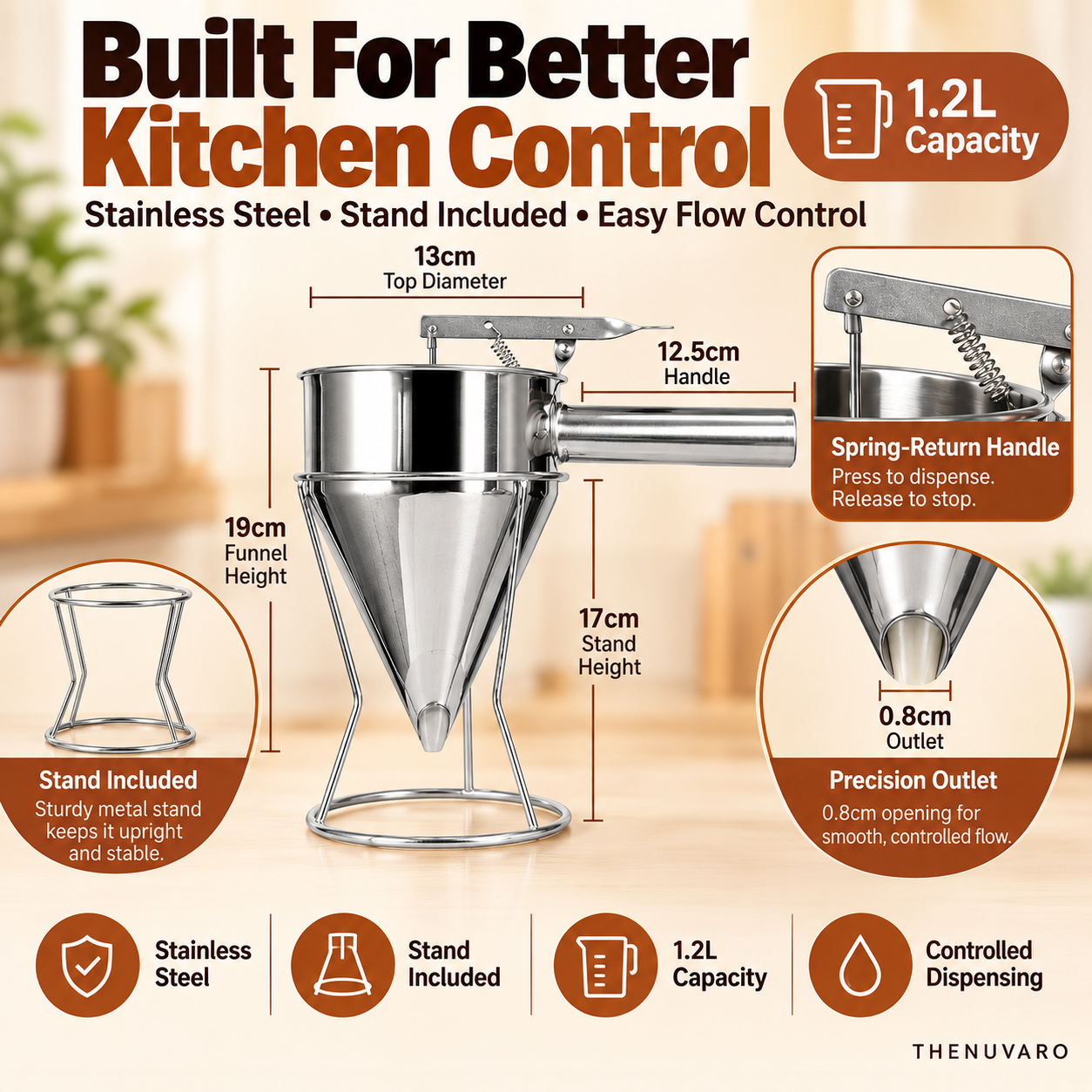 🥞 1.2L Easy-Squeeze Batter & Sauce Dispenser with Stand